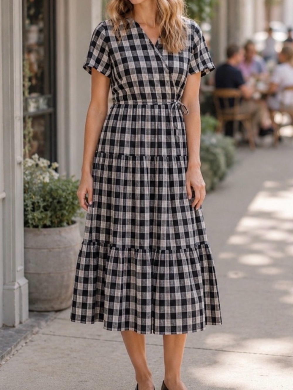Croft & Barrow Black White Gingham Tiered Midi Dress Short Sleeves XL Seersucker